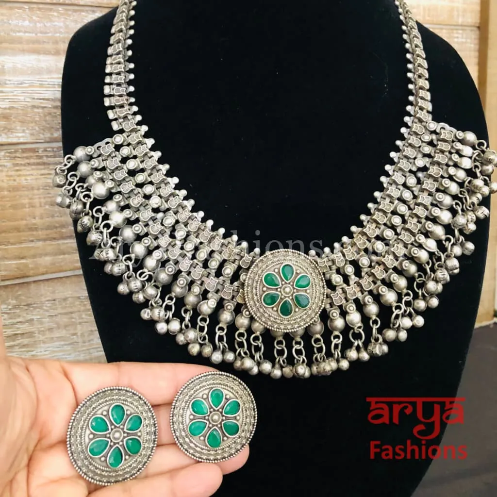 Green Silver Oxidized Designer Necklace with Green Stones and Stud Earrings