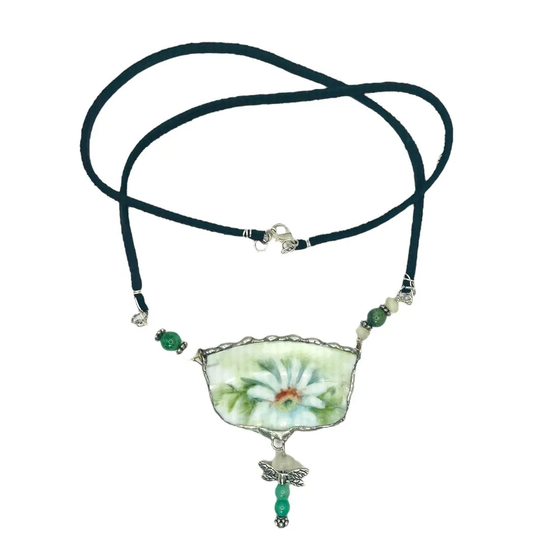 Hand Crafted Broken China Pendant Necklace With Jade Dragonfly Charm & Silver Metalwork