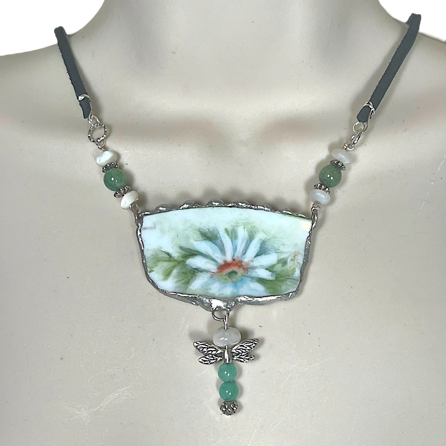 Hand Crafted Broken China Pendant Necklace With Jade Dragonfly Charm & Silver Metalwork