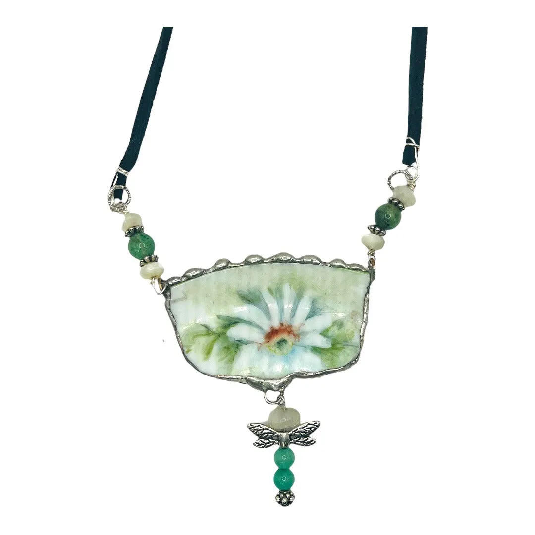 Hand Crafted Broken China Pendant Necklace With Jade Dragonfly Charm & Silver Metalwork