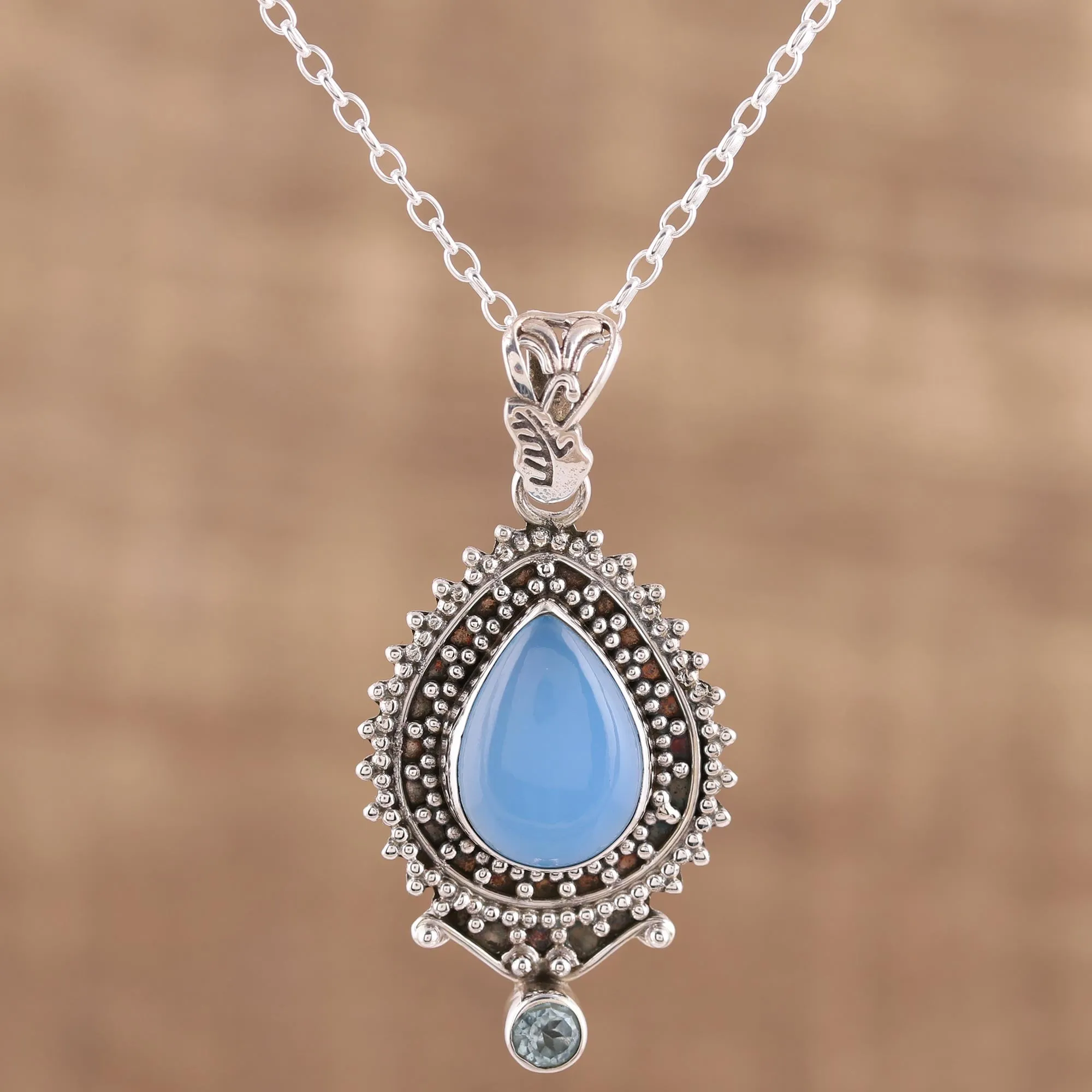 Handcrafted Blue Chalcedony Pendant Necklace from India - Soul's Serenity | NOVICA