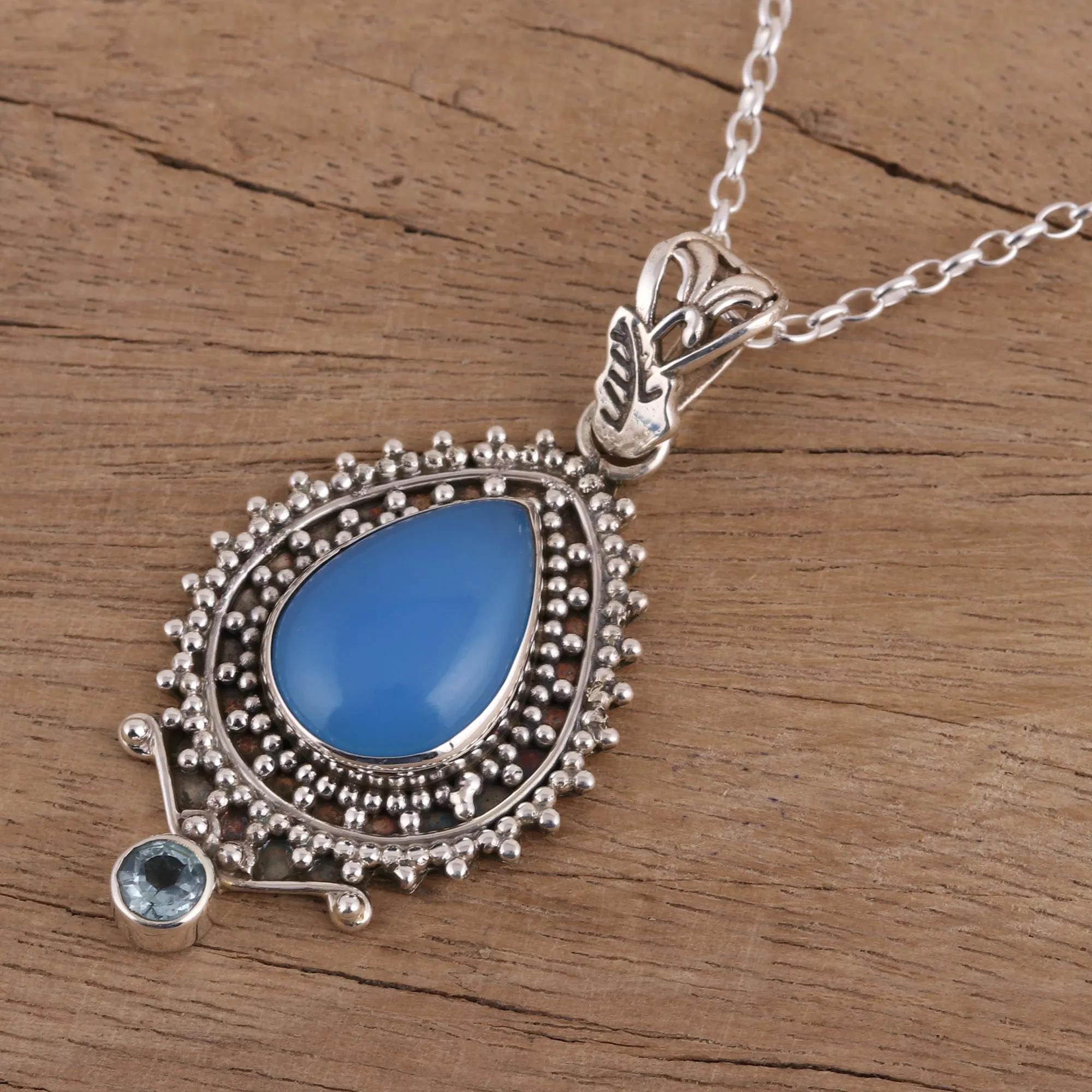 Handcrafted Blue Chalcedony Pendant Necklace from India - Soul's Serenity | NOVICA