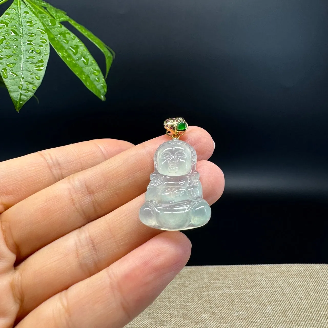 High-end 18K Yellow Gold Burmese Icy Jadeite Jade Happy Baby Buddha Pendant