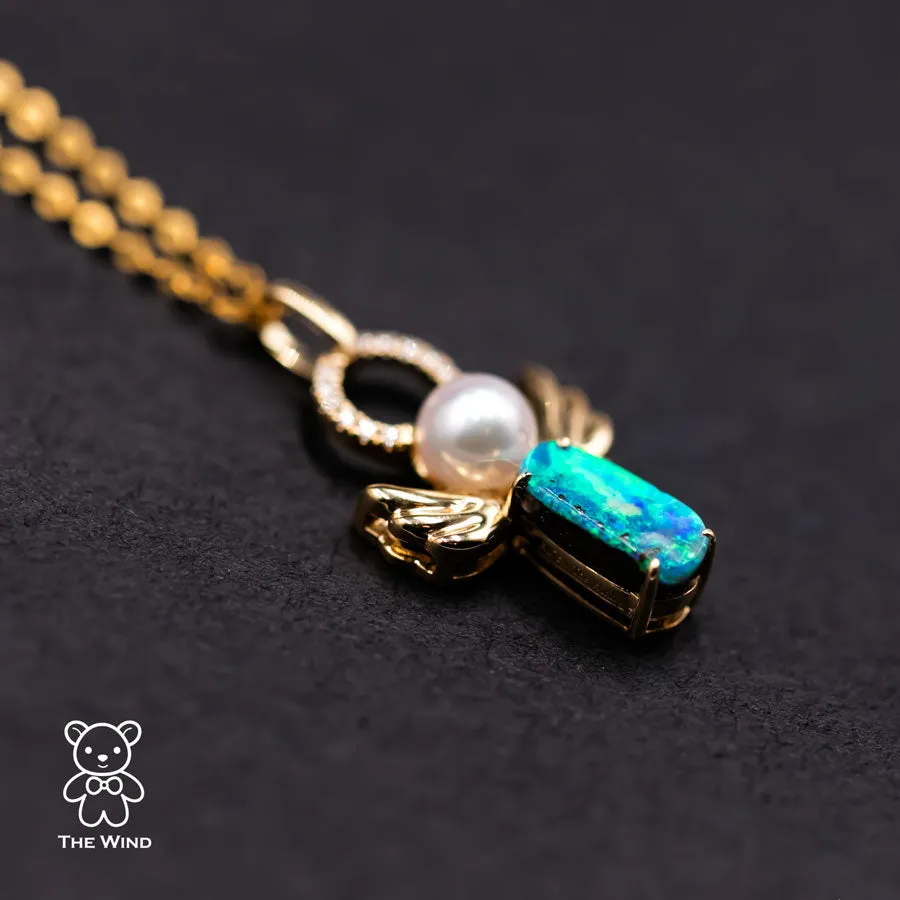 I Love You, My Angel! Boulder Opal Pearl Pendant 18K Yellow Gold with Diamonds