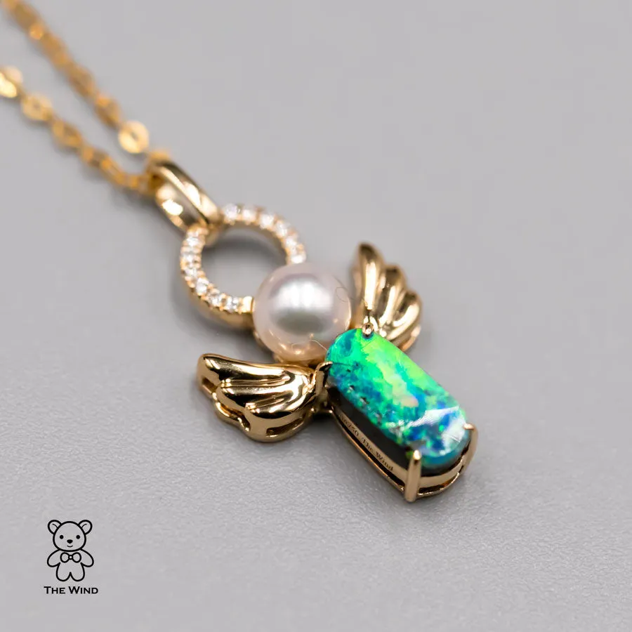 I Love You, My Angel! Boulder Opal Pearl Pendant 18K Yellow Gold with Diamonds