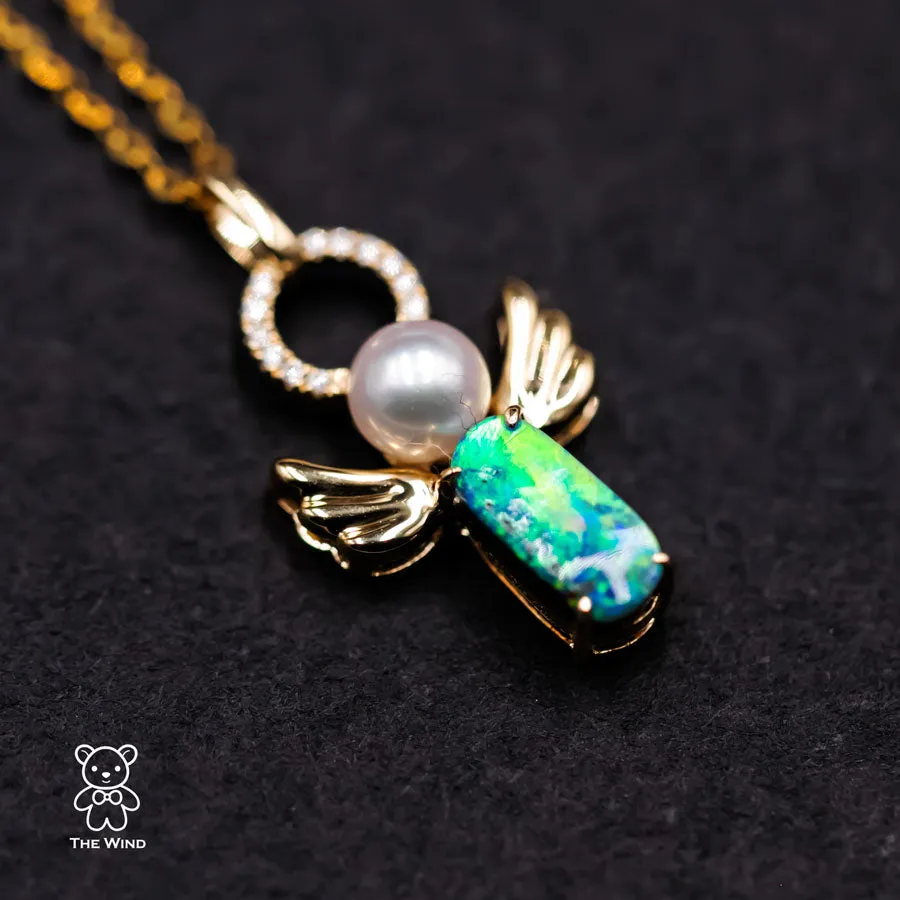 I Love You, My Angel! Boulder Opal Pearl Pendant 18K Yellow Gold with Diamonds