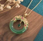 Jade Crystal Pendant Necklace Charm 18K Gold Plated Donut Ring Dainty Gemstone