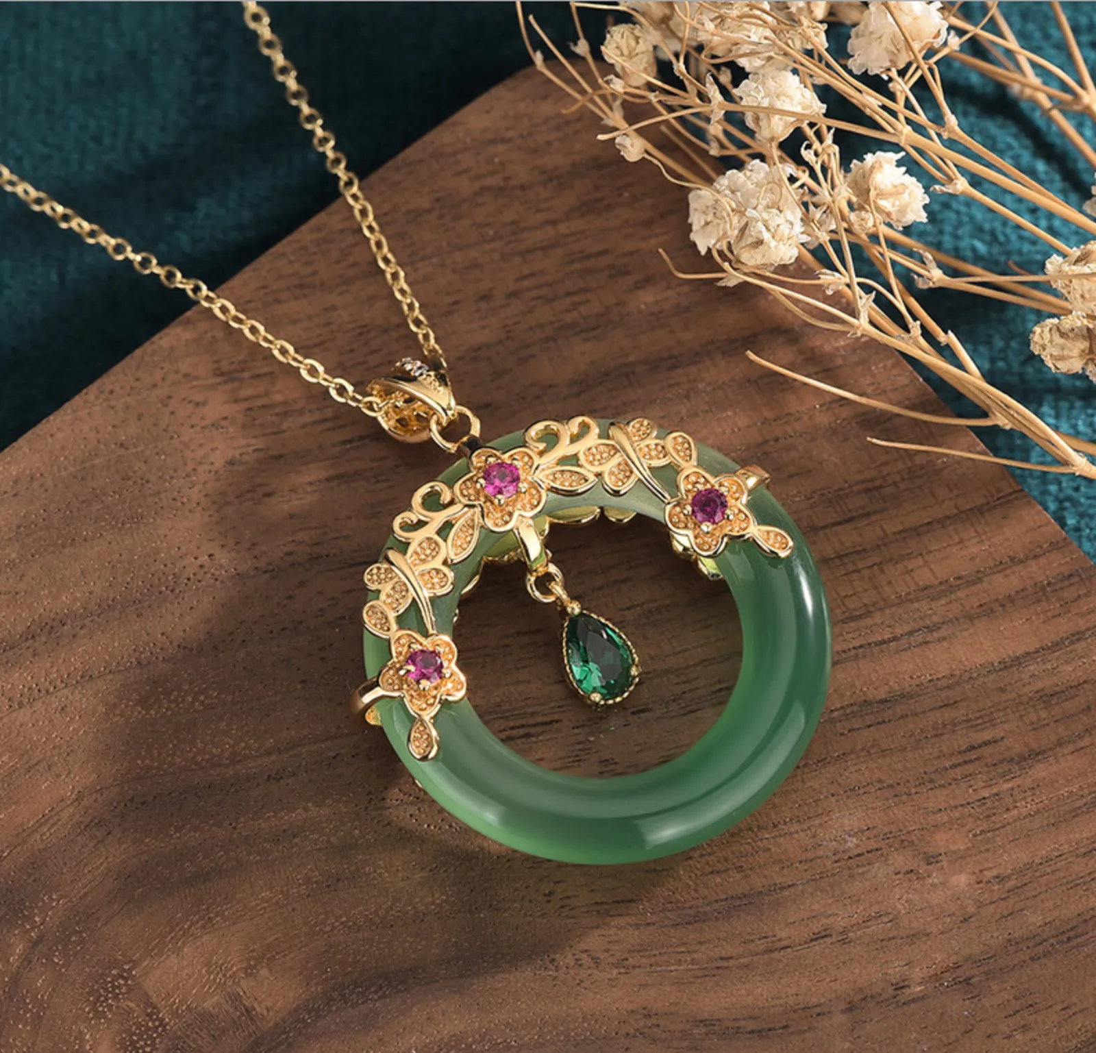 Jade Crystal Pendant Necklace Charm 18K Gold Plated Donut Ring Dainty Gemstone