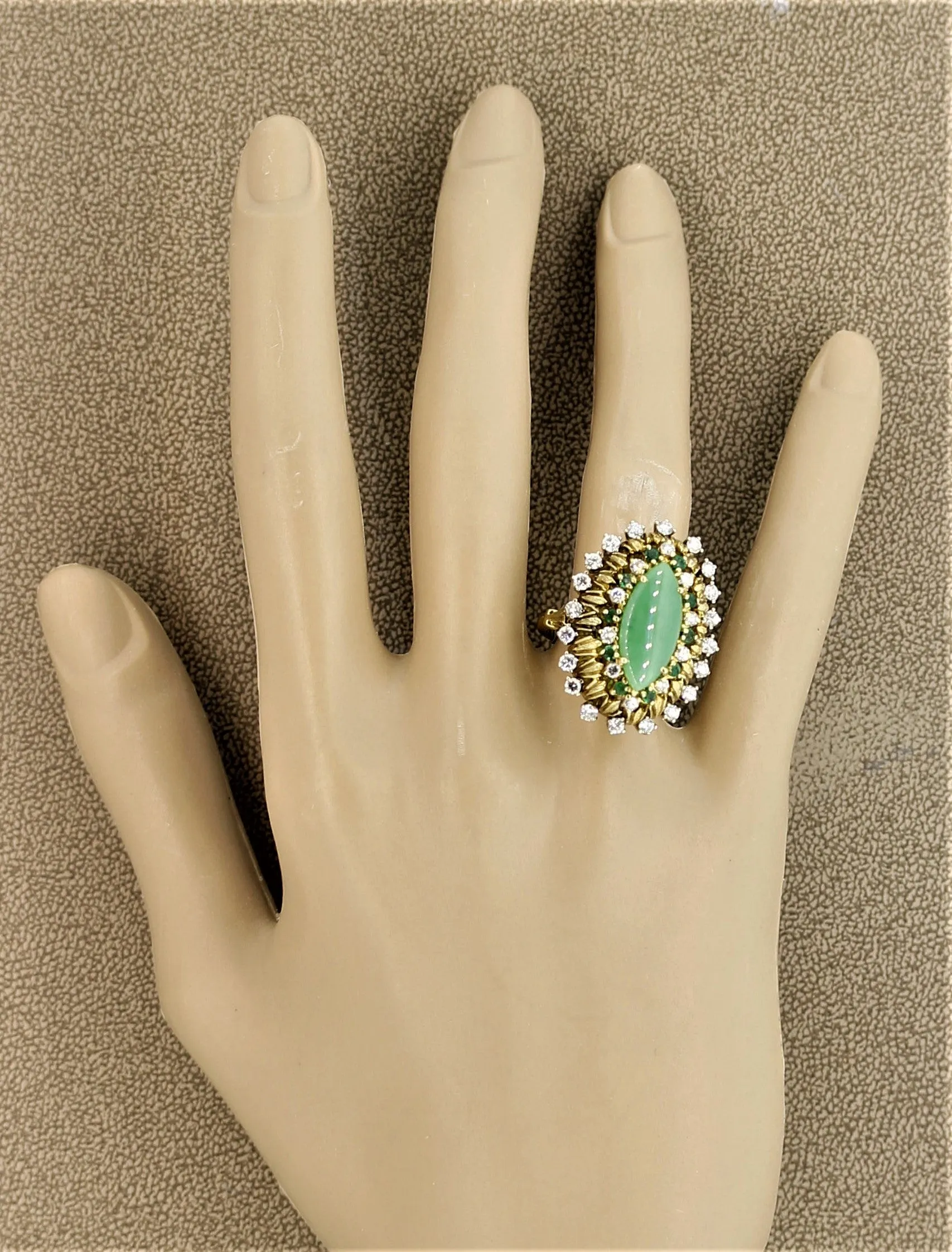 Jade Diamond Emerald Gold Cocktail Navette Ring