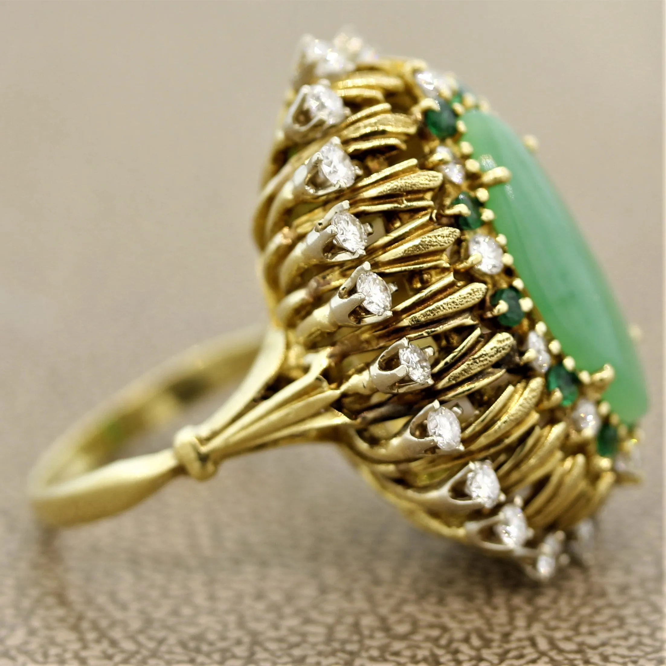 Jade Diamond Emerald Gold Cocktail Navette Ring