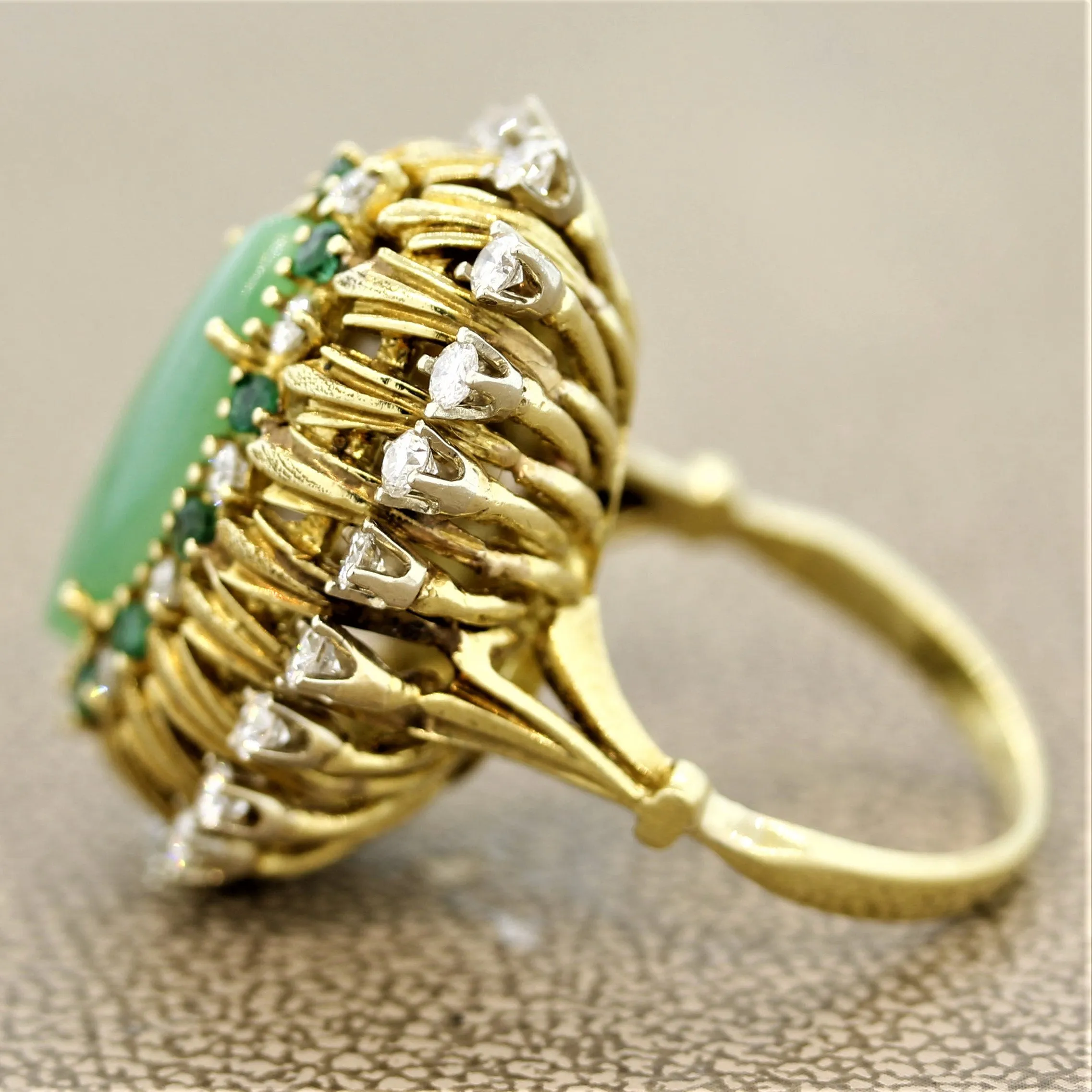 Jade Diamond Emerald Gold Cocktail Navette Ring