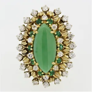 Jade Diamond Emerald Gold Cocktail Navette Ring