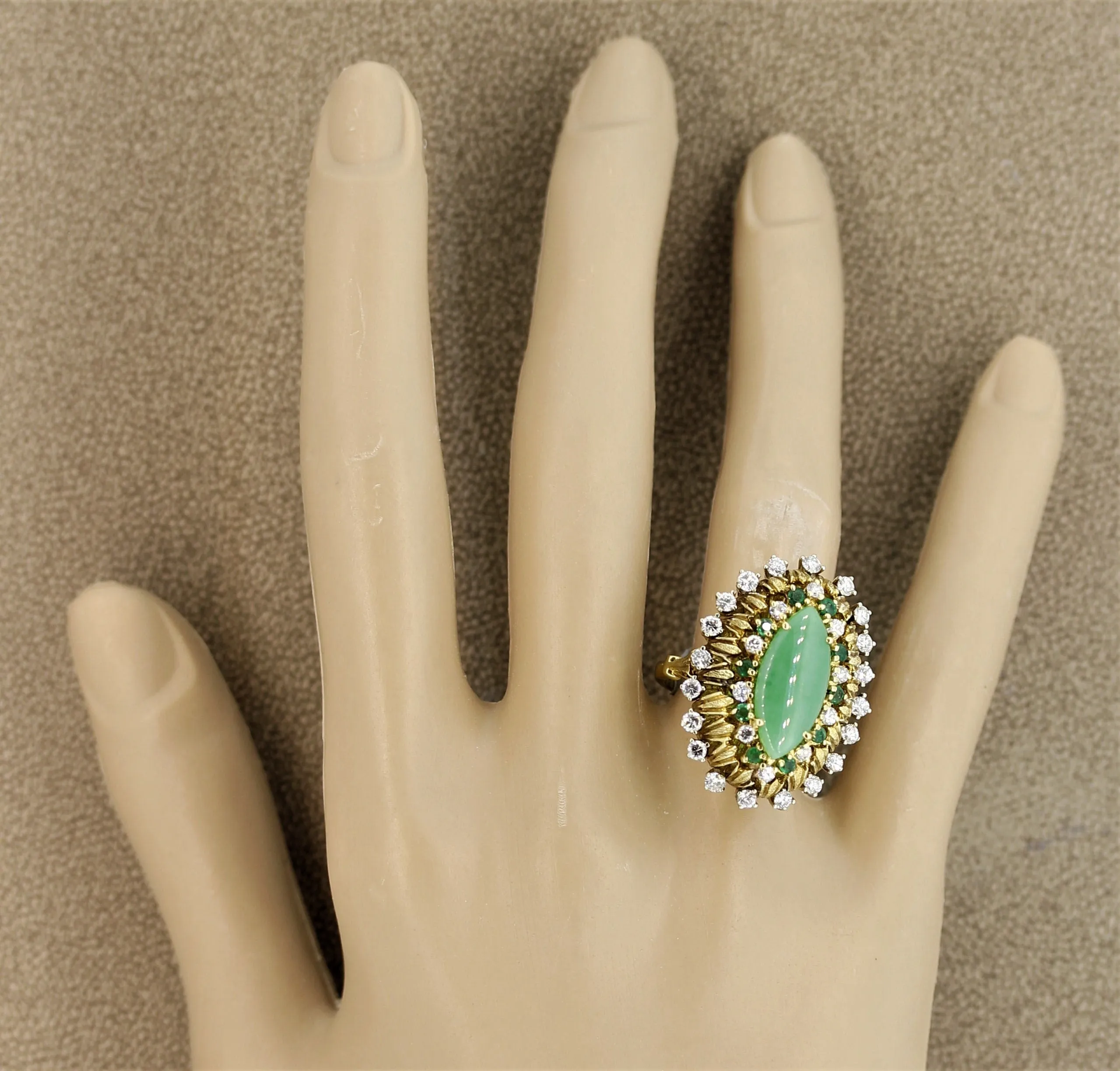 Jade Diamond Emerald Gold Cocktail Navette Ring