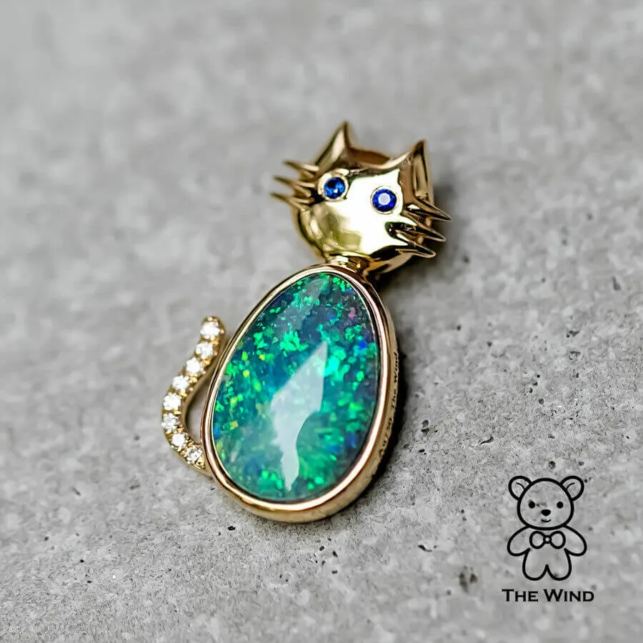 Kitty Cat Pendant Necklace with Australian Boulder Opal, Diamond, Sapphire Eyes 18K Yellow Gold