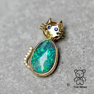 Kitty Cat Pendant Necklace with Australian Boulder Opal, Diamond, Sapphire Eyes 18K Yellow Gold