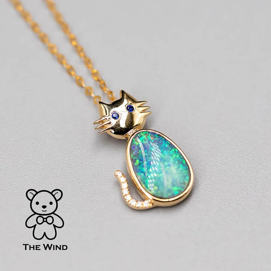 Kitty Cat Pendant Necklace with Australian Boulder Opal, Diamond, Sapphire Eyes 18K Yellow Gold