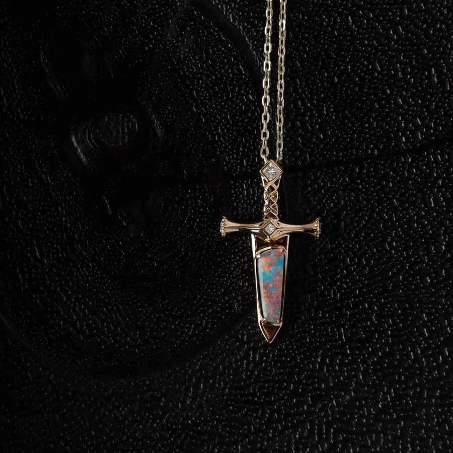 Knight Sword - Boulder Opal & Princess Cut Diamond Necklace 18K Yellow Gold