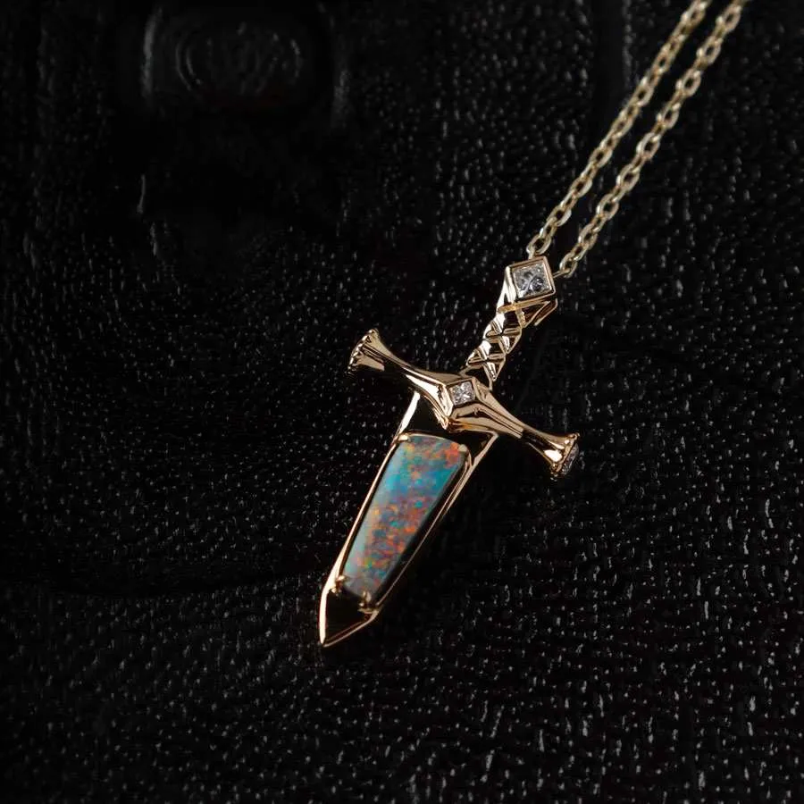 Knight Sword - Boulder Opal & Princess Cut Diamond Necklace 18K Yellow Gold