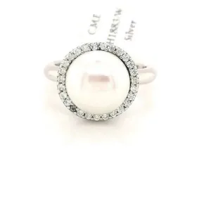 Ladies Sterling silver White Pearl Ring With CZ Halo