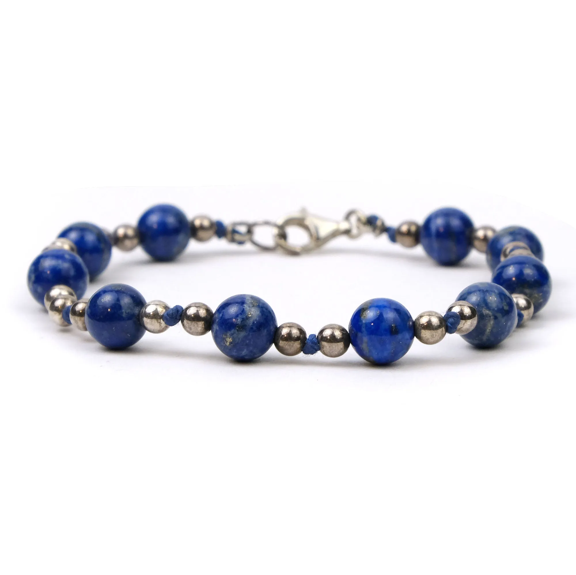 Lapis Lazuli and Sterling Silver Knotted Bracelet with Sterling Silver Trigger Clasp