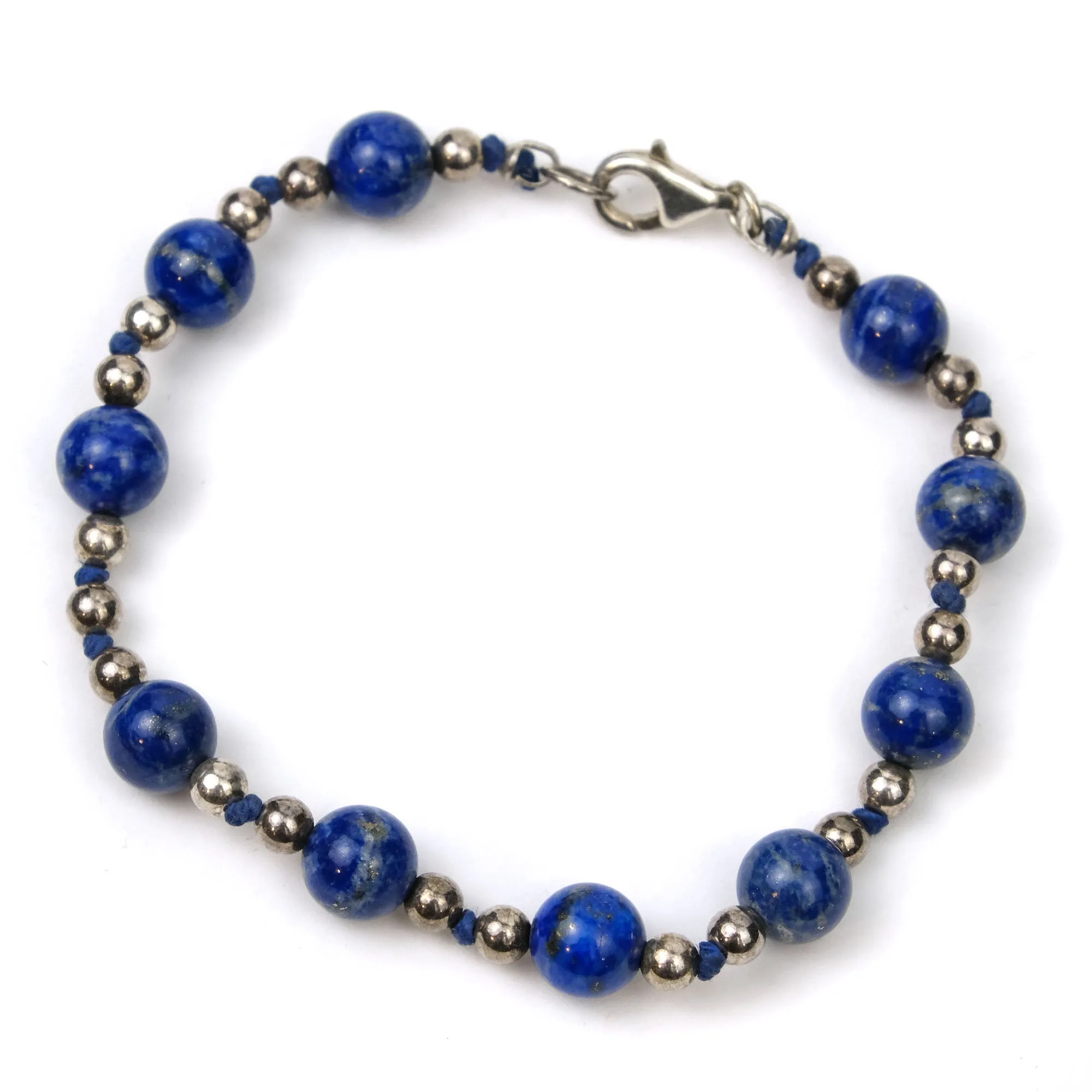 Lapis Lazuli and Sterling Silver Knotted Bracelet with Sterling Silver Trigger Clasp