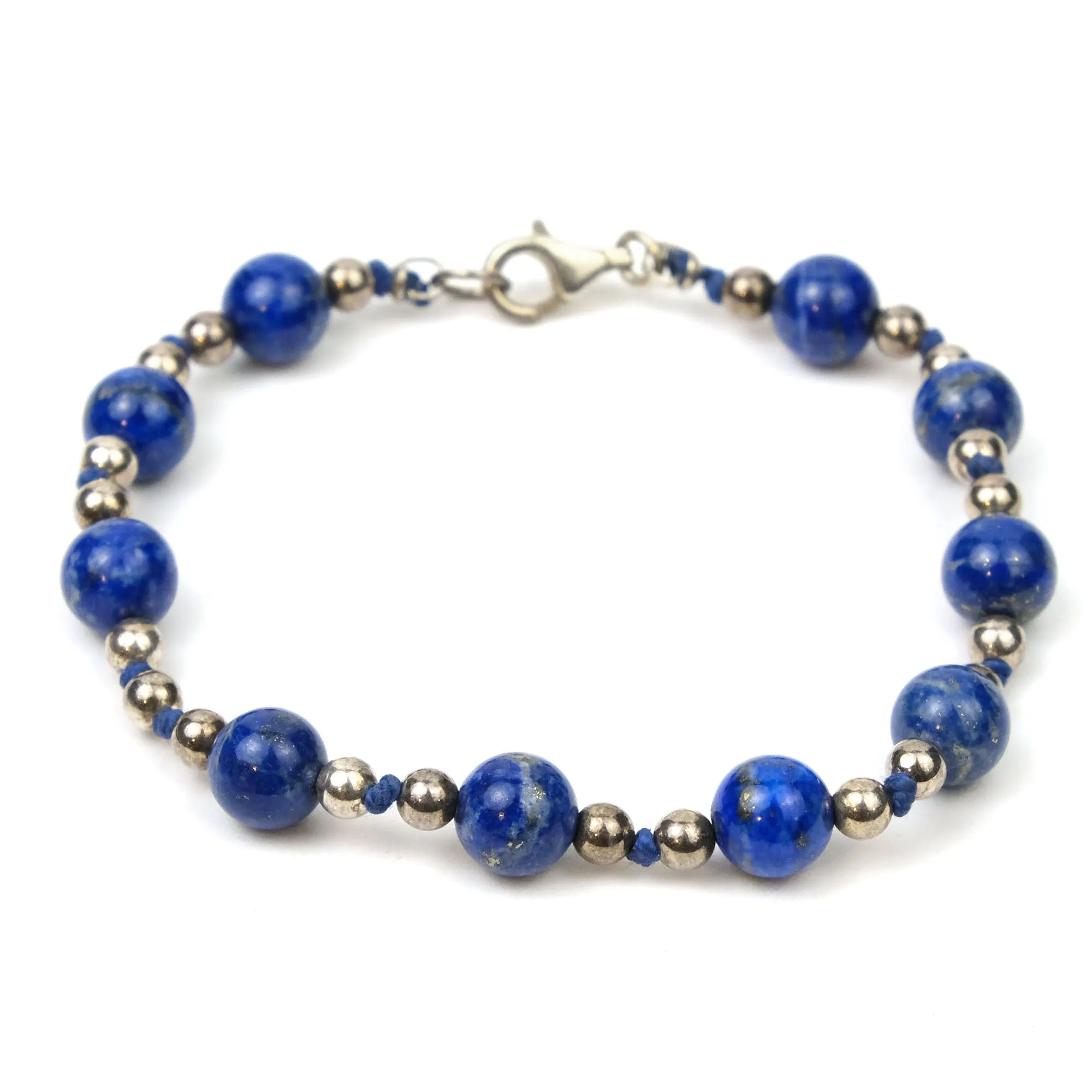 Lapis Lazuli and Sterling Silver Knotted Bracelet with Sterling Silver Trigger Clasp