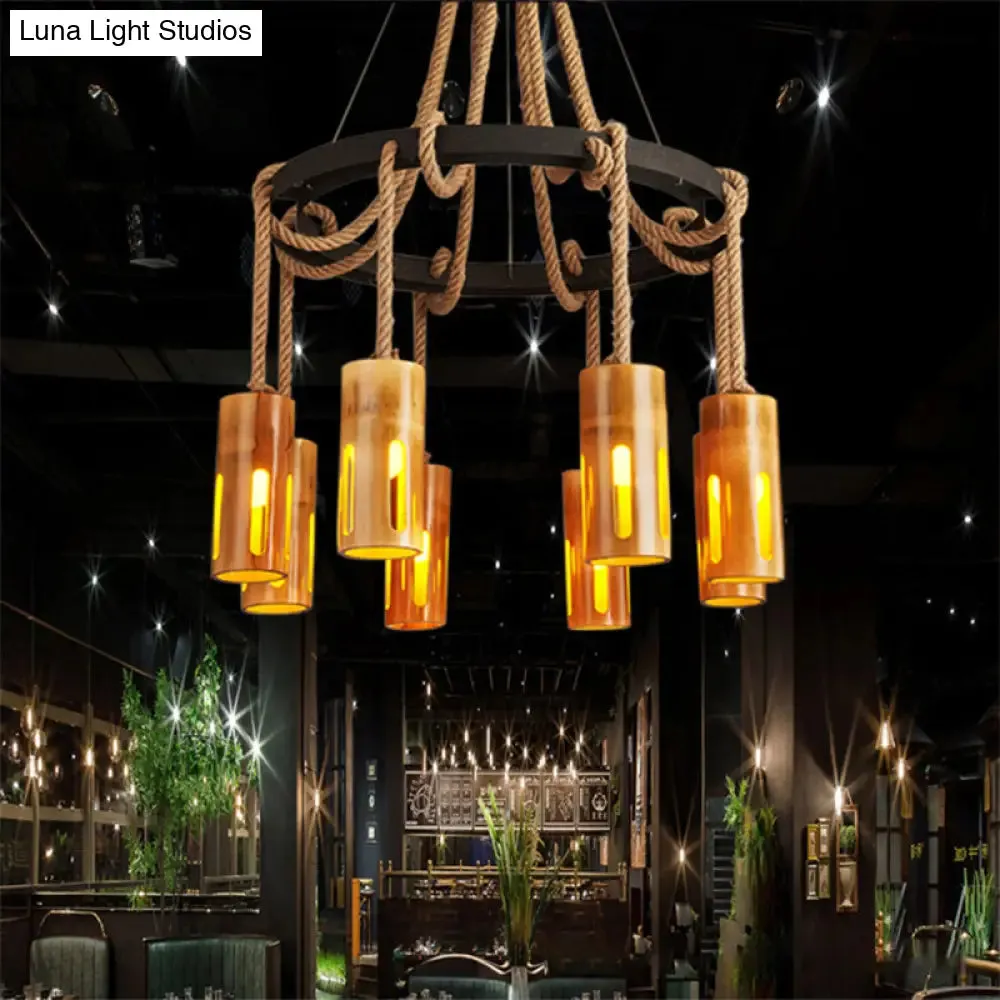 Lodge Style Bamboo Chandelier Pendant Lamp with Multi Lights and Hanging Rope