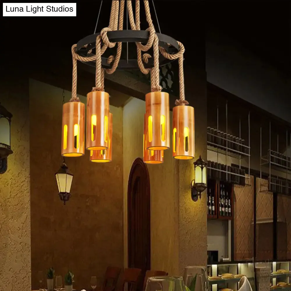 Lodge Style Bamboo Chandelier Pendant Lamp with Multi Lights and Hanging Rope