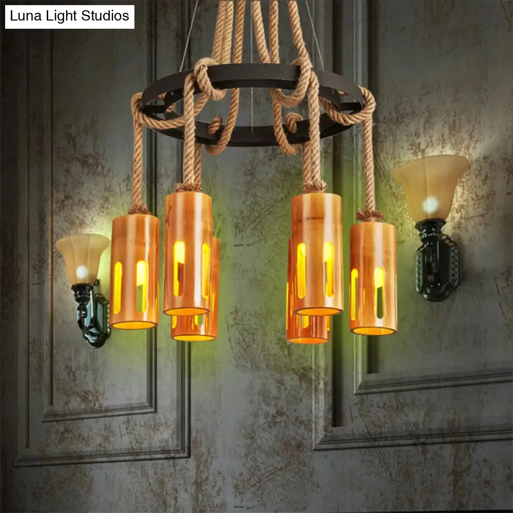 Lodge Style Bamboo Chandelier Pendant Lamp with Multi Lights and Hanging Rope