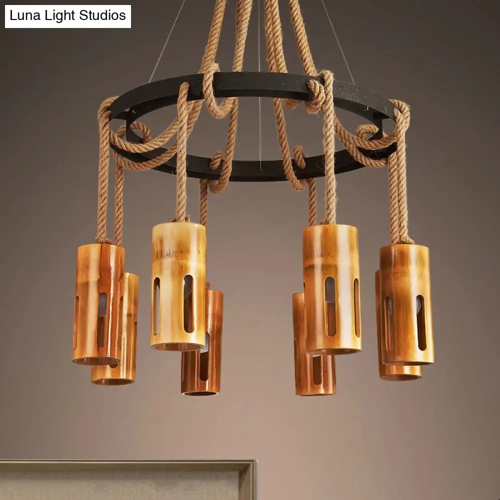 Lodge Style Bamboo Chandelier Pendant Lamp with Multi Lights and Hanging Rope