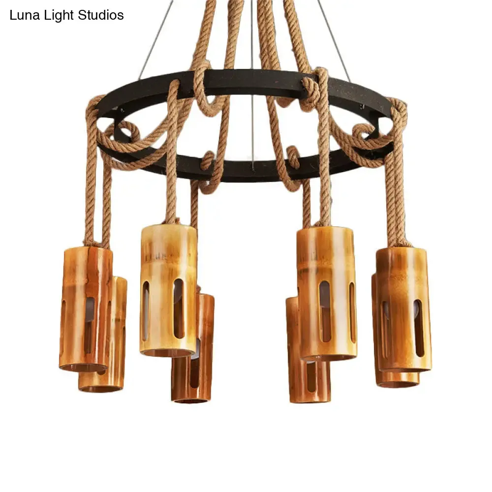 Lodge Style Bamboo Chandelier Pendant Lamp with Multi Lights and Hanging Rope