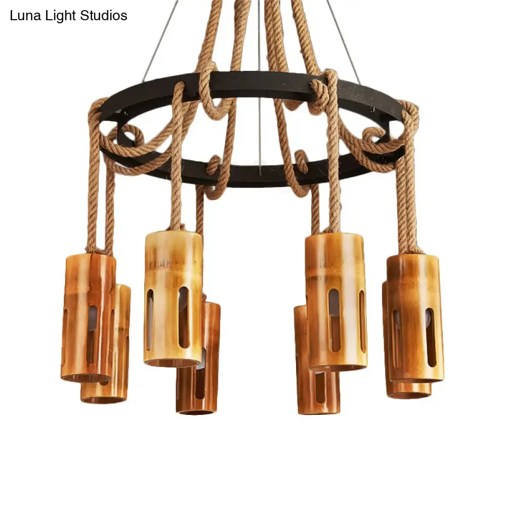 Lodge Style Bamboo Chandelier Pendant Lamp with Multi Lights and Hanging Rope