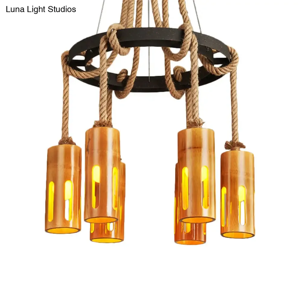 Lodge Style Bamboo Chandelier Pendant Lamp with Multi Lights and Hanging Rope