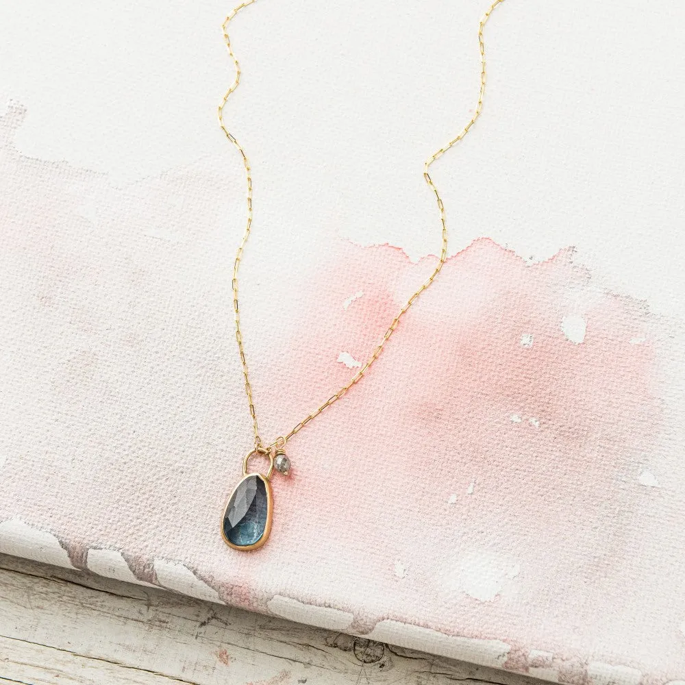 London Blue Topaz Necklace with Gray Diamond in 14k Gold