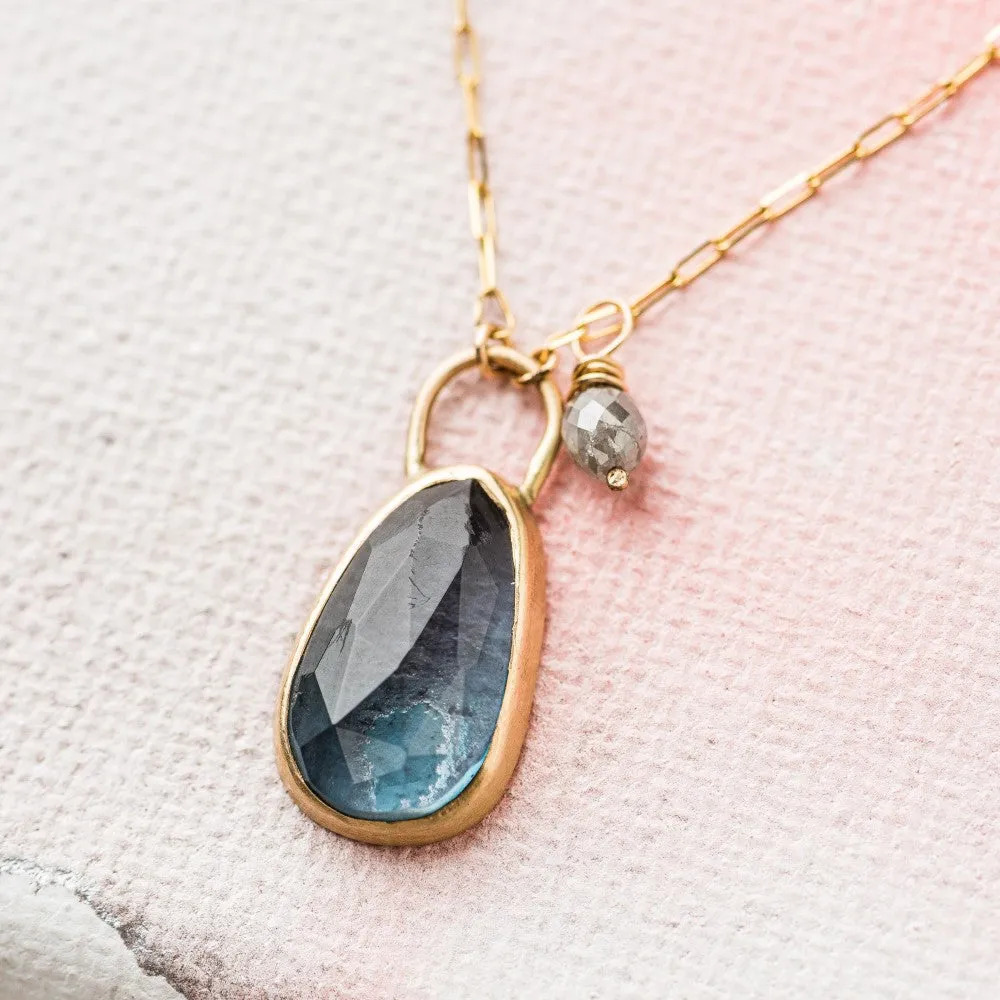 London Blue Topaz Necklace with Gray Diamond in 14k Gold