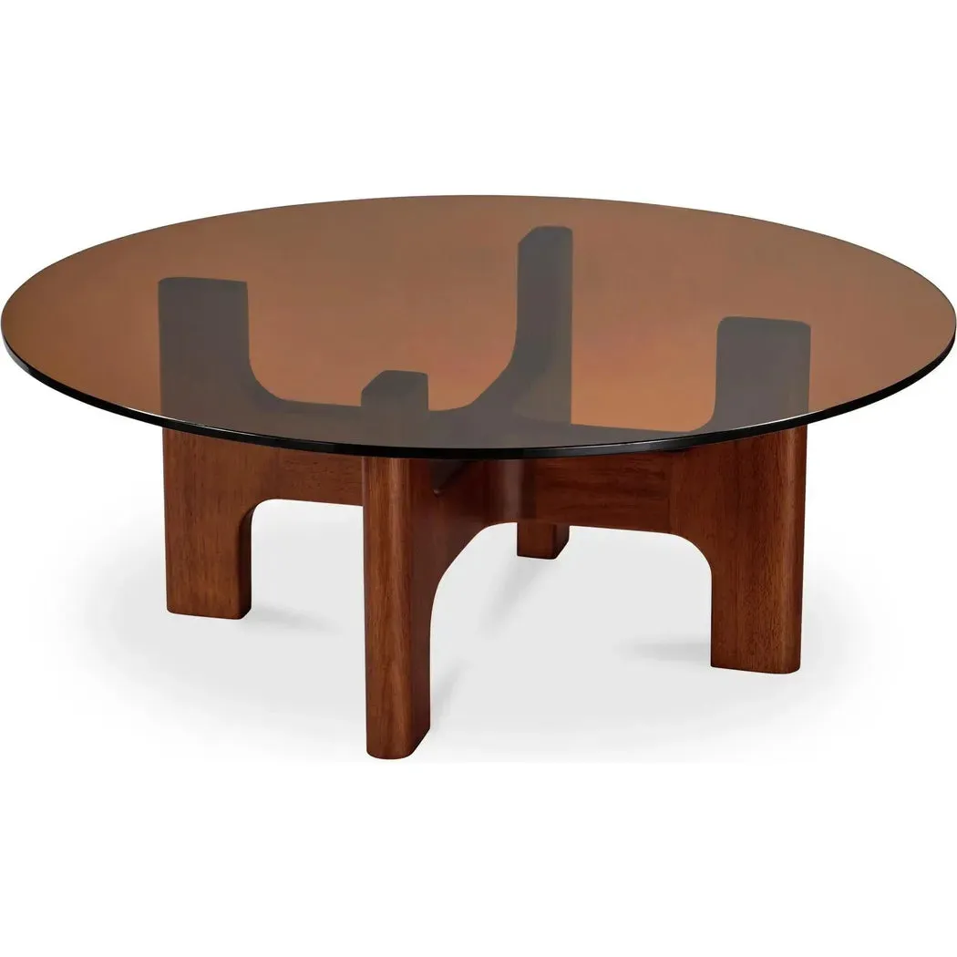 Luke Tempered Glass and Rubber Wood Brown Round Coffee Table