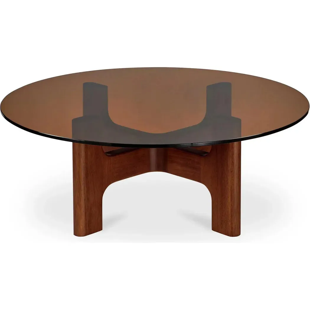 Luke Tempered Glass and Rubber Wood Brown Round Coffee Table