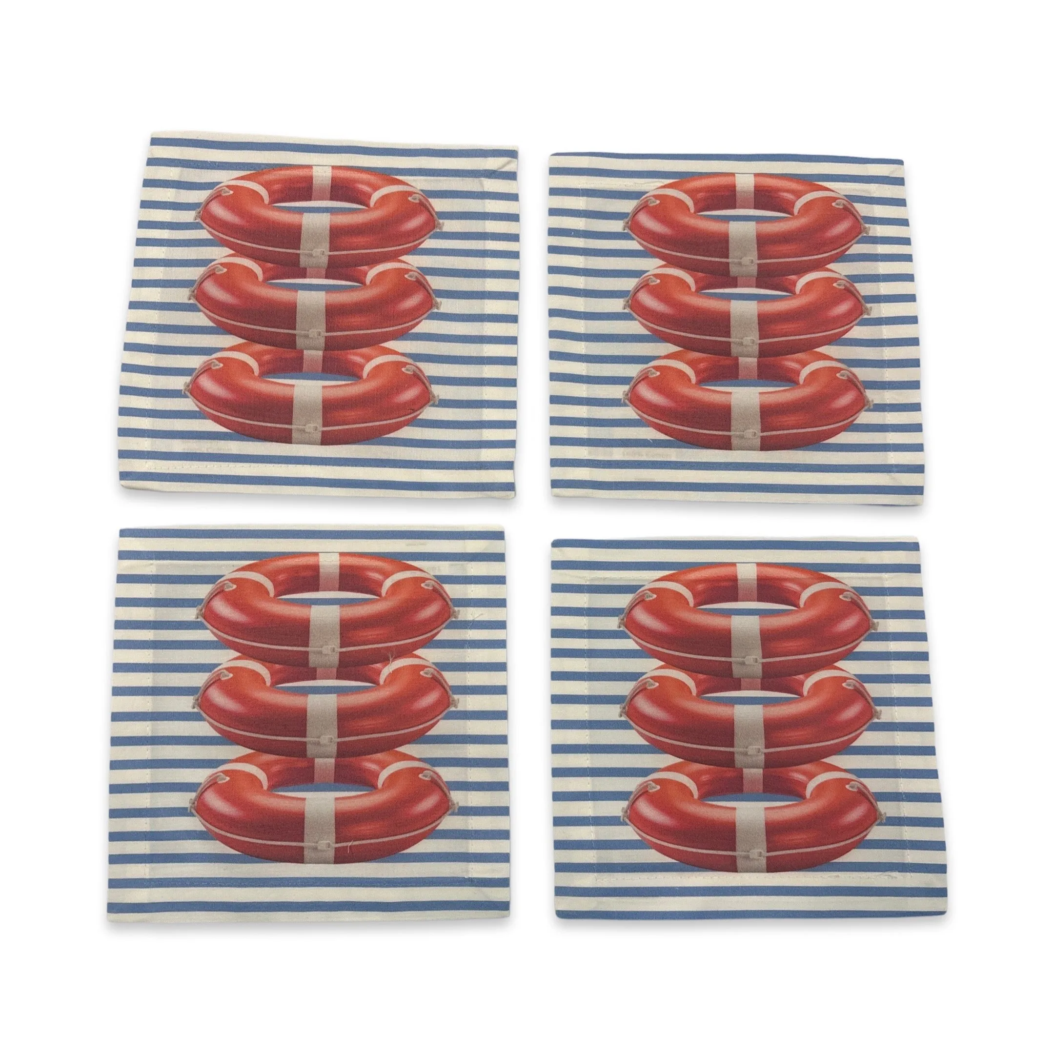 Marine Safety Buoy Ring Blue Stripe 6X6 Cotton Sateen Cocktail, Set of 4