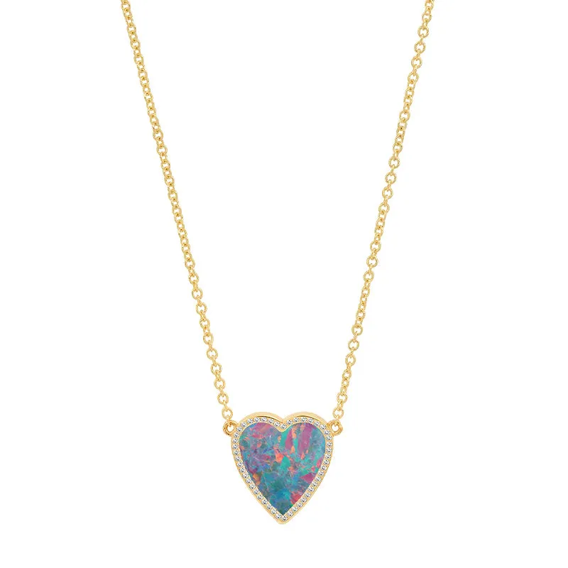 Mini Red Boulder Opal Inlay Heart Necklace with Diamonds