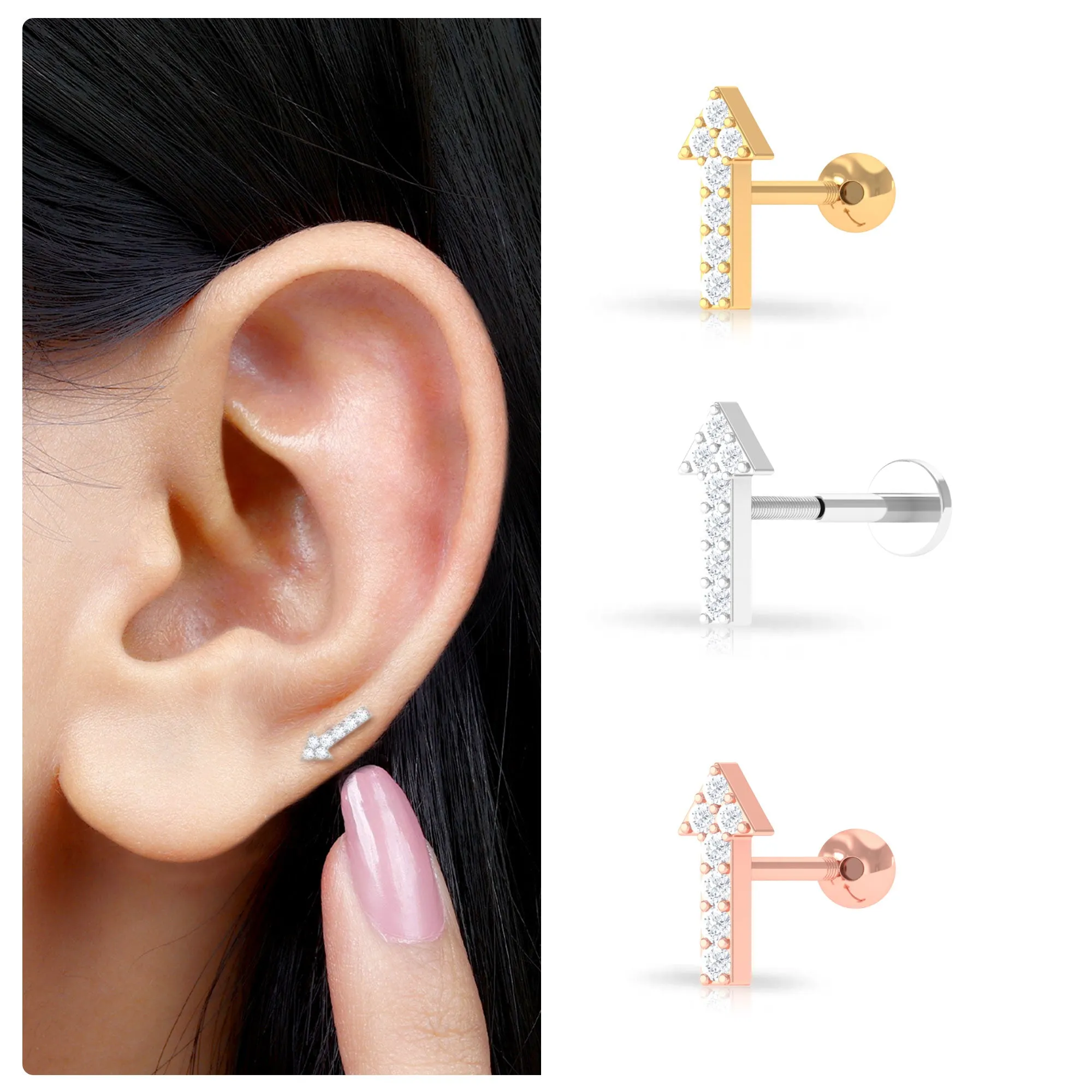 Minimal Diamond Arrow Forward Helix Earring in Gold