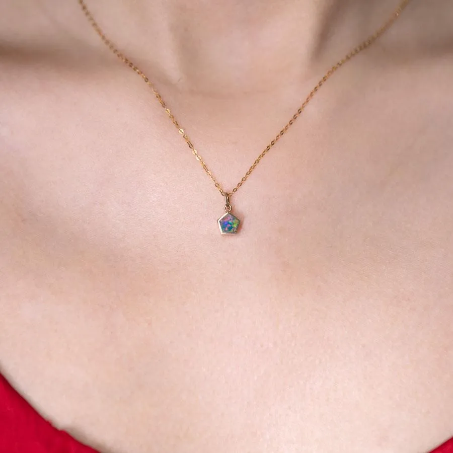 Minimalist Geometric Pentagon Doublet Opal Pendant Necklace 14k Yellow Gold