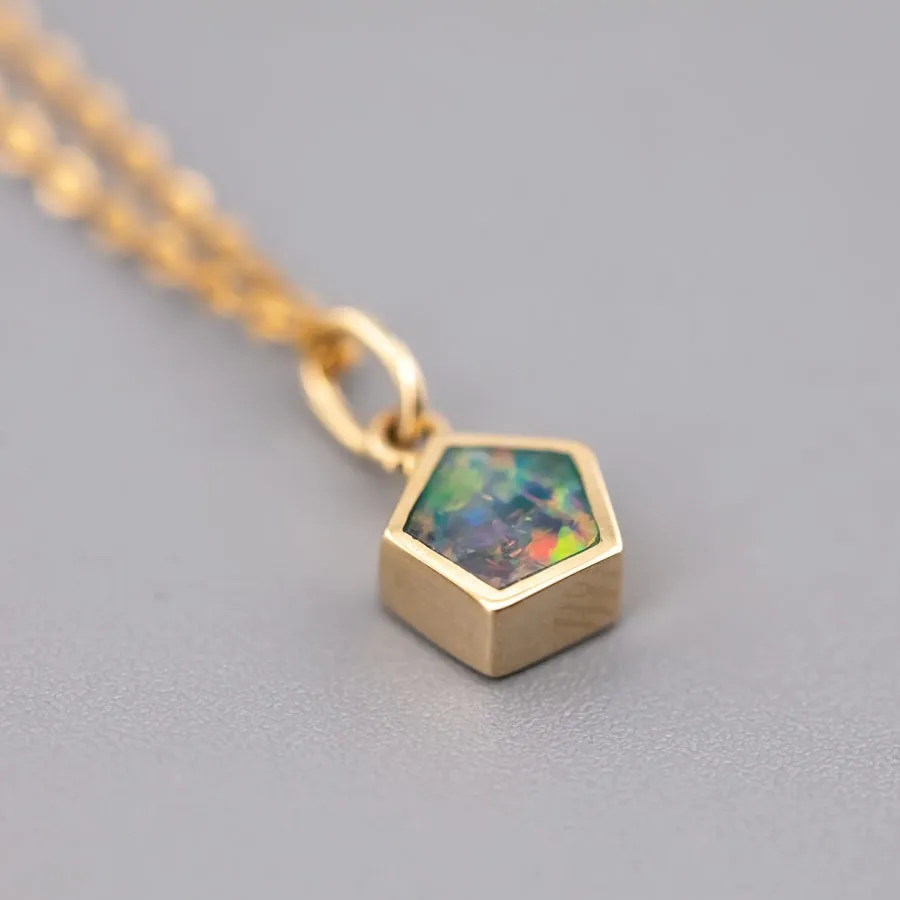 Minimalist Geometric Pentagon Doublet Opal Pendant Necklace 14k Yellow Gold