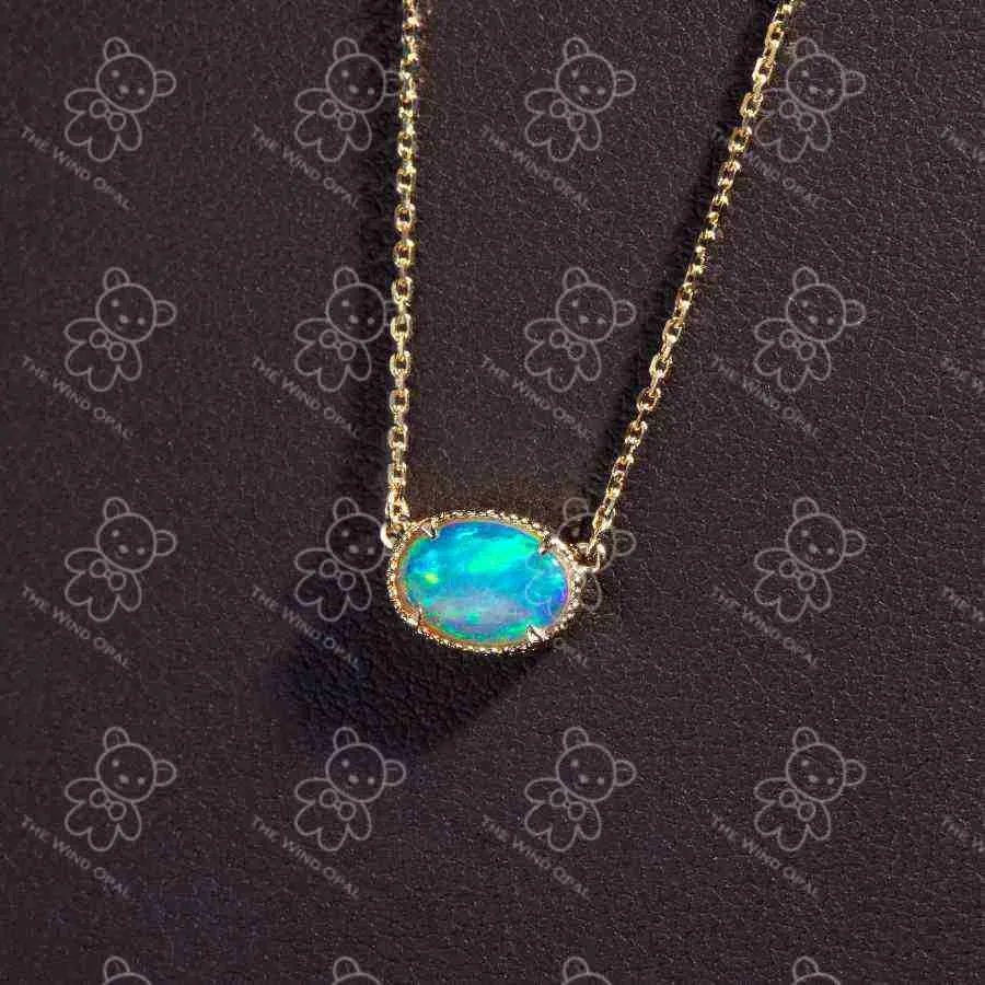 Minimalist Oval Shaped Australian Opal Necklace 18K Yellow Gold