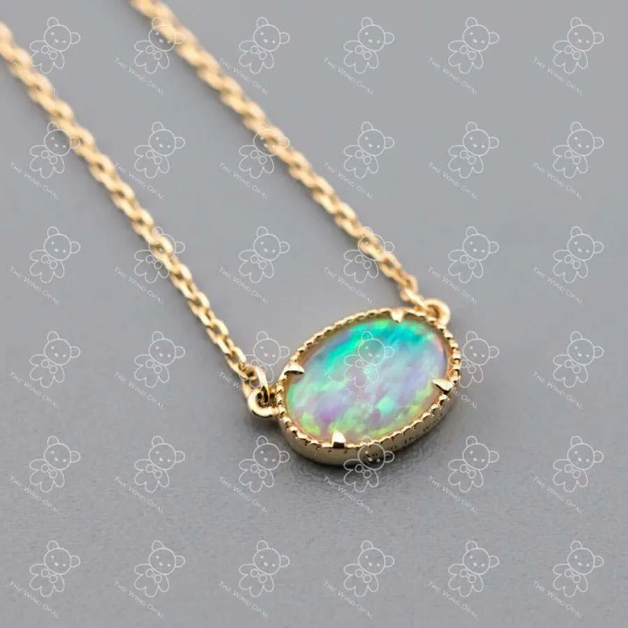 Minimalist Oval Shaped Australian Opal Necklace 18K Yellow Gold