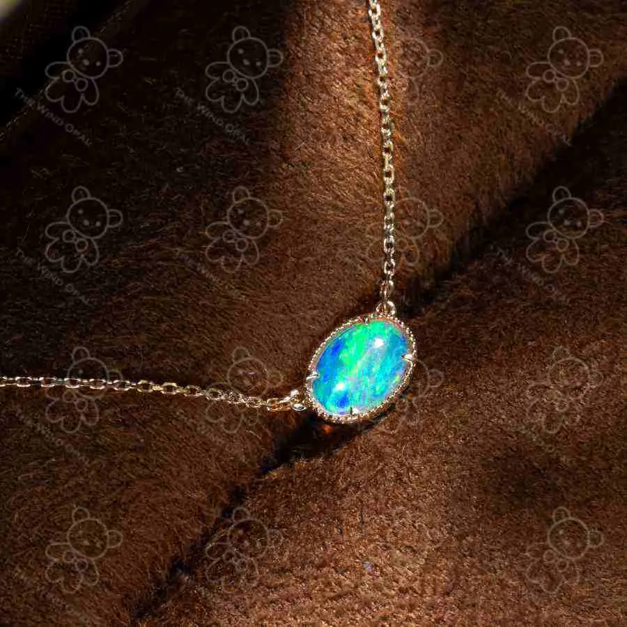 Minimalist Oval Shaped Australian Opal Necklace 18K Yellow Gold