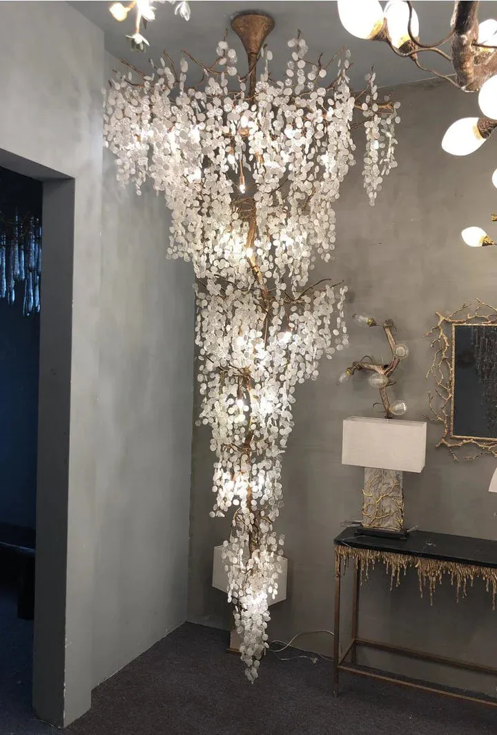 Modern Unique Artistic Flower Brass Branch Semi-flush Mount Chandelier for Living Room/ Hallway/ Entryway/ Staircase