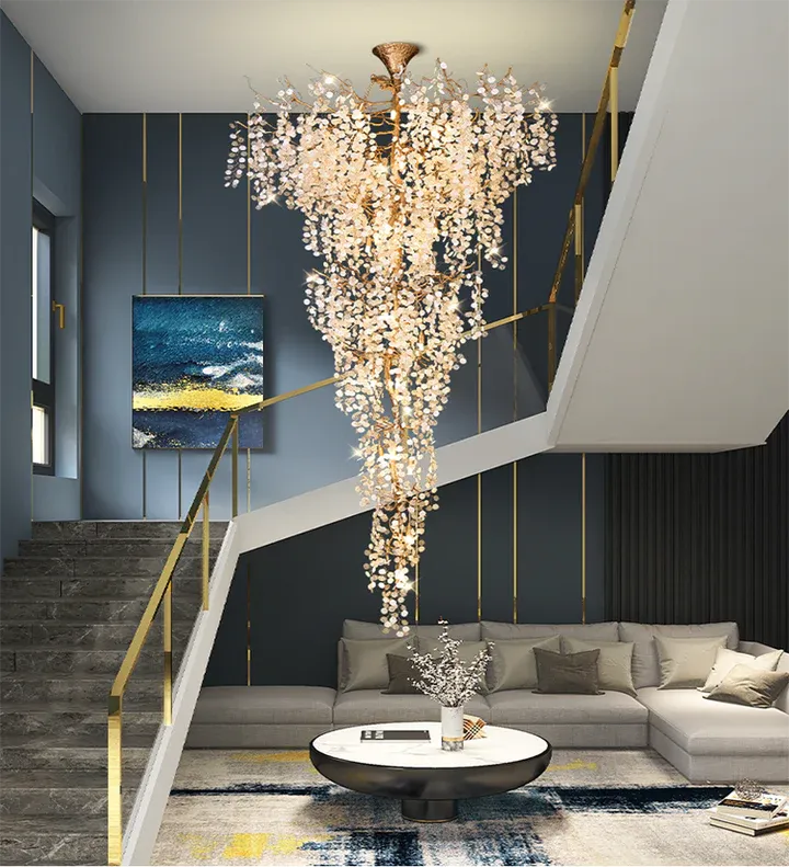 Modern Unique Artistic Flower Brass Branch Semi-flush Mount Chandelier for Living Room/ Hallway/ Entryway/ Staircase