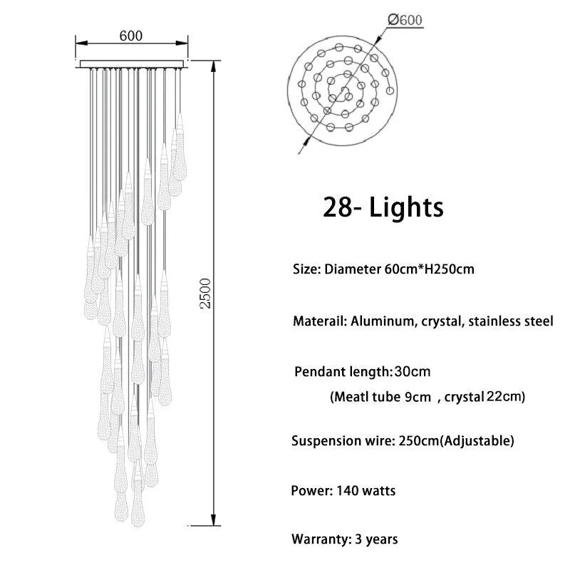 Modern Water Drop Led Crystal Chandelier For Staircase Living Room