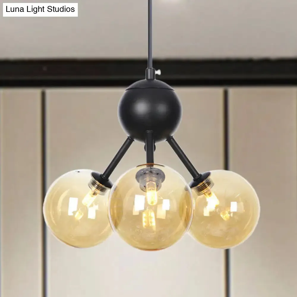 Modernist Amber Glass Ceiling Chandelier with 3-Head LED Pendant Lamp - Black