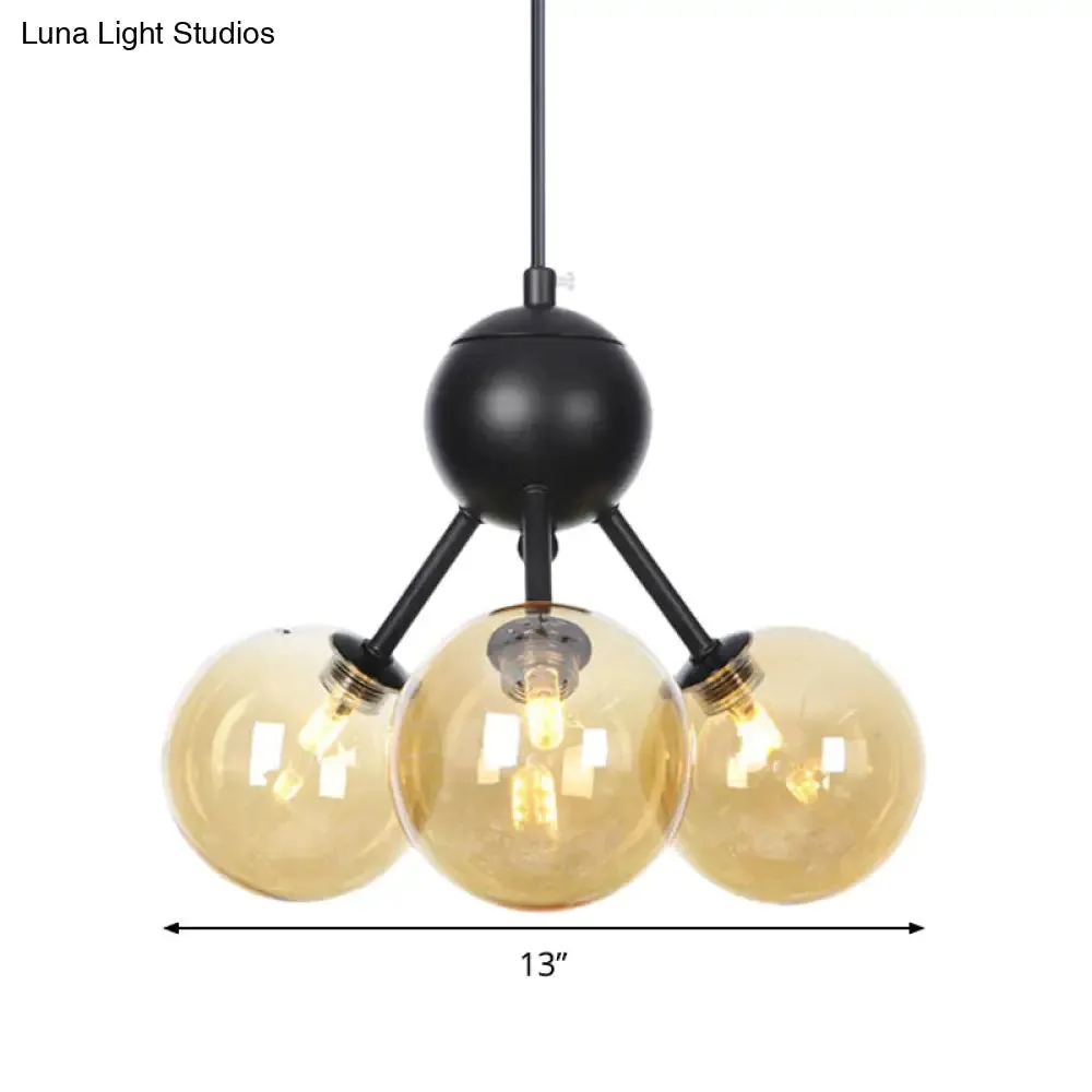 Modernist Amber Glass Ceiling Chandelier with 3-Head LED Pendant Lamp - Black